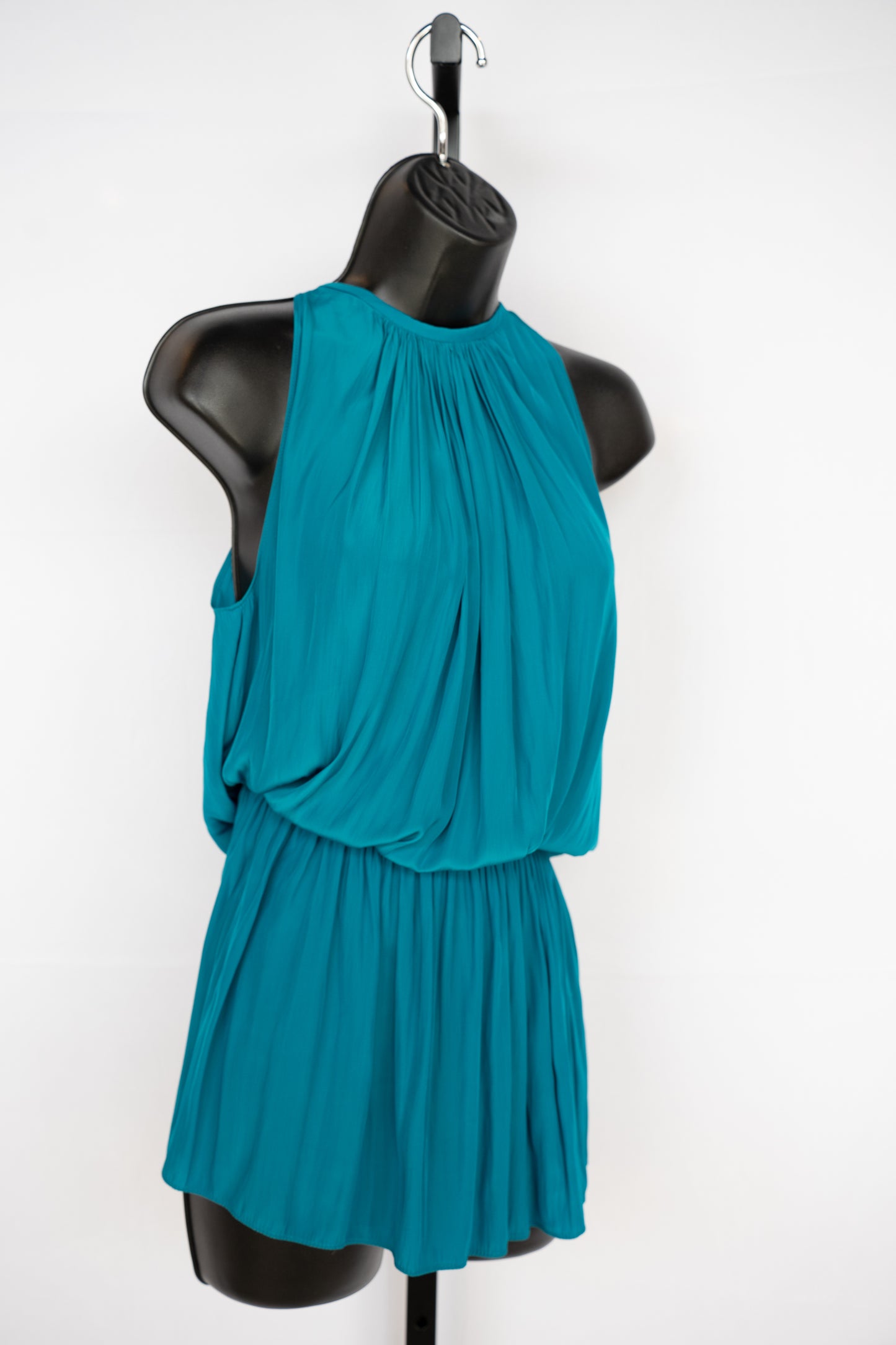 Ramy Brook Silk Dark Turquoise Halter-Neck Sleeveless Smocked Waist Mini Dress