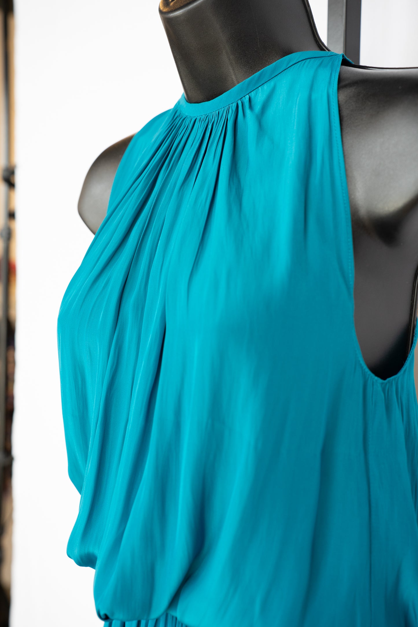 Ramy Brook Silk Dark Turquoise Halter-Neck Sleeveless Smocked Waist Mini Dress