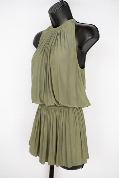 Ramy Brook Silk Army Green Halter-Neck Sleeveless Smocked Waist Mini Dress
