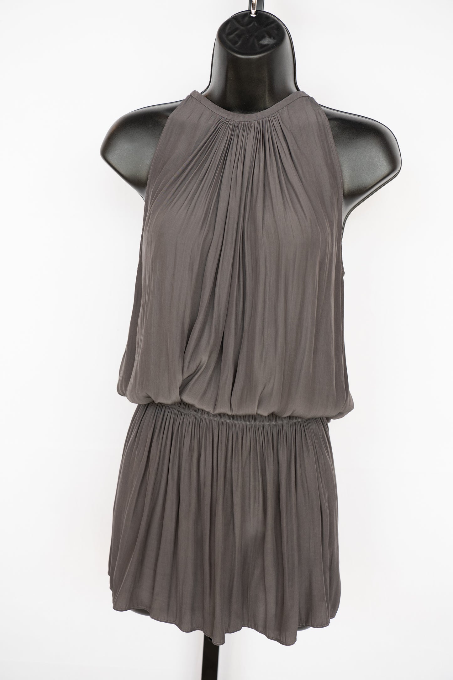 Ramy Brook Silk Dark Grey Halter-Neck Sleeveless Smocked Waist Mini Dress