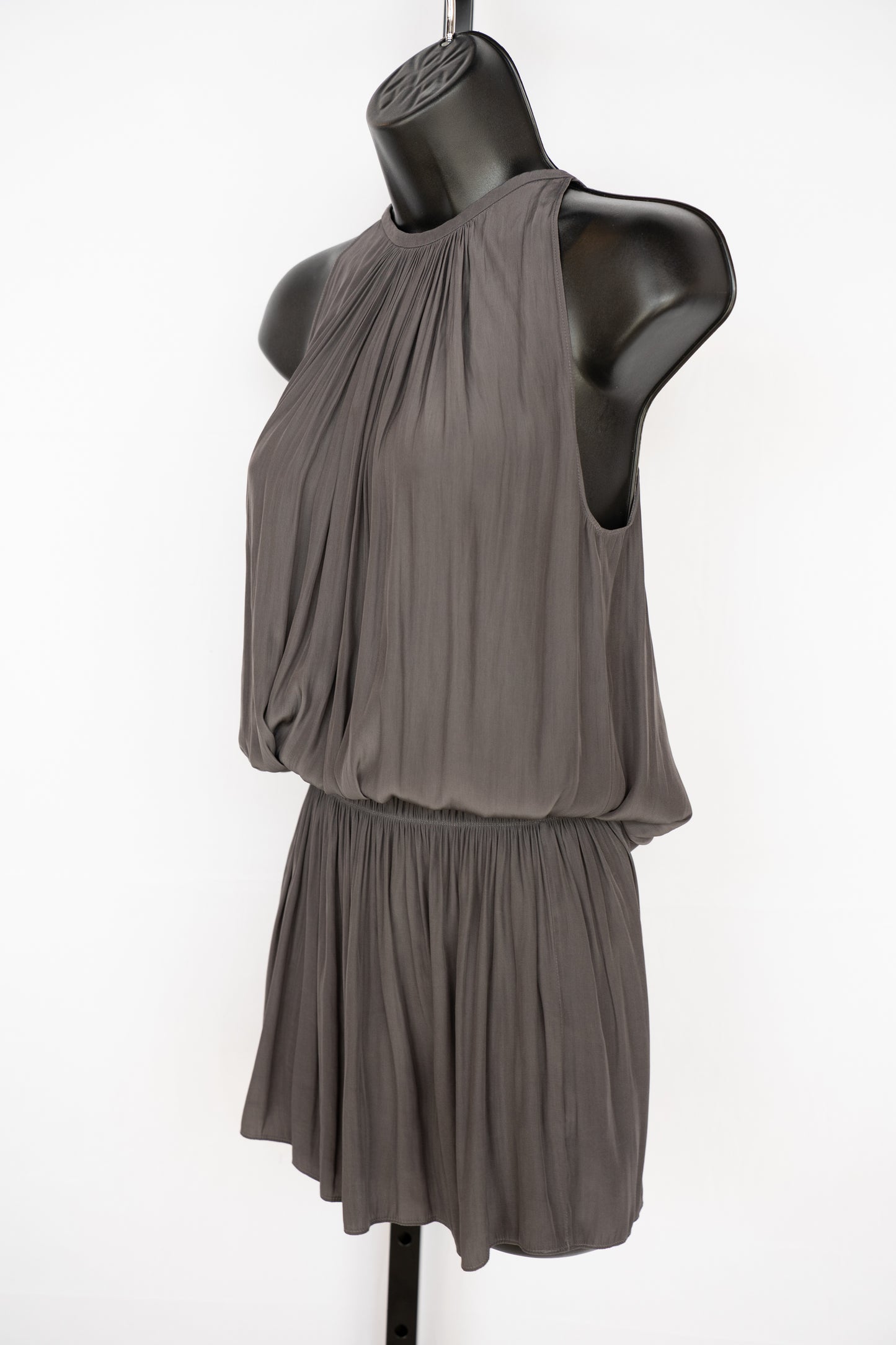 Ramy Brook Silk Dark Grey Halter-Neck Sleeveless Smocked Waist Mini Dress