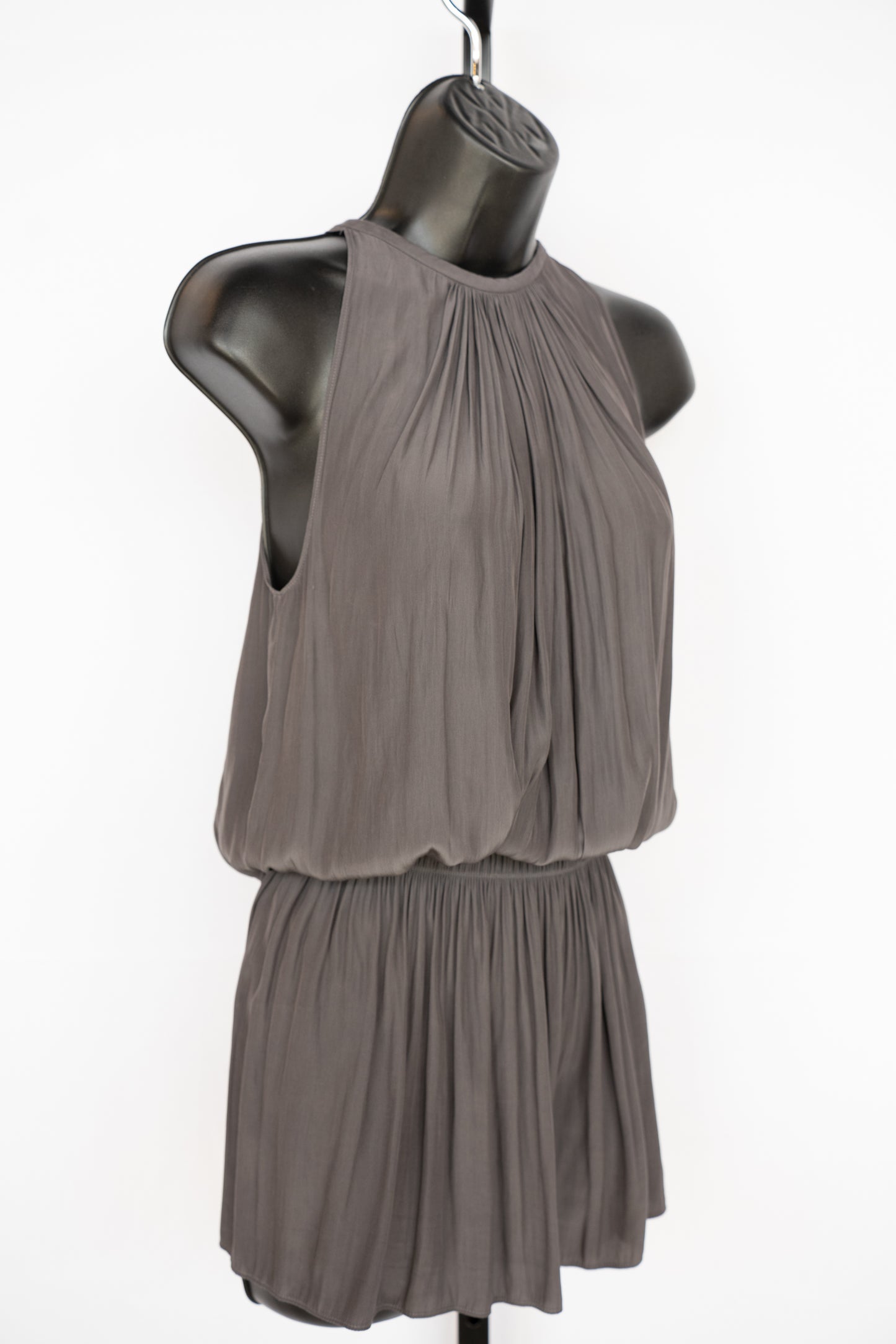 Ramy Brook Silk Dark Grey Halter-Neck Sleeveless Smocked Waist Mini Dress