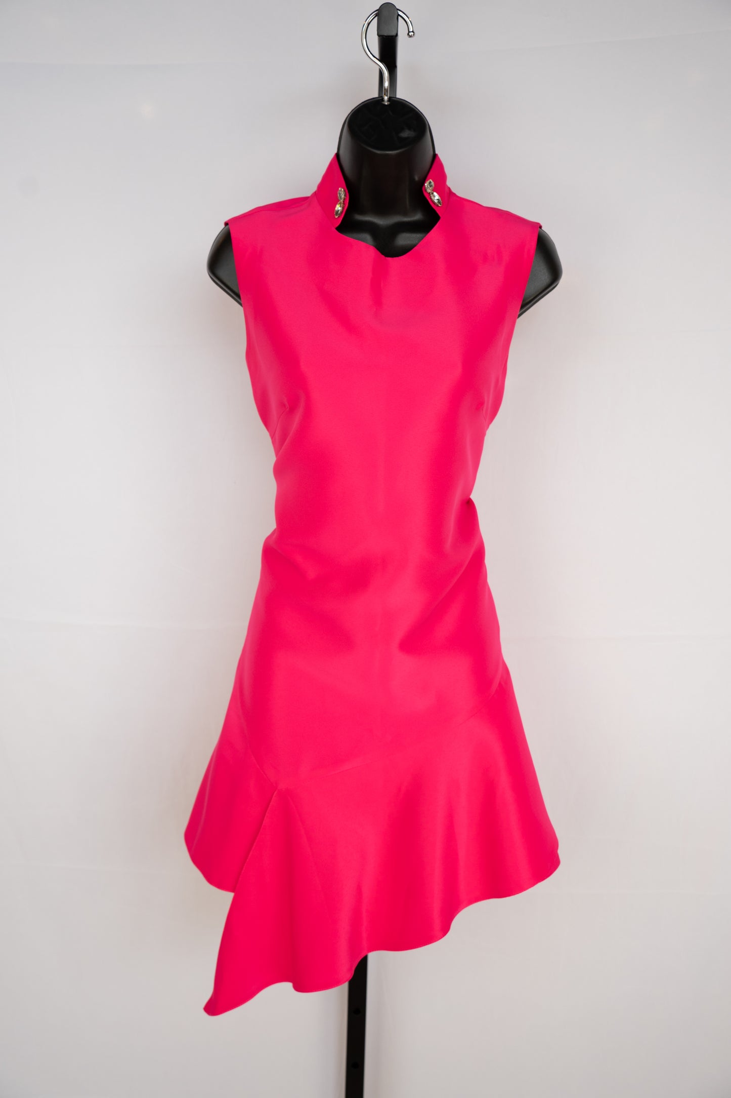 Hot Pink Nylon High-Neck w Jewels Sleeveless Knee-Length Ruffle Hem Dress