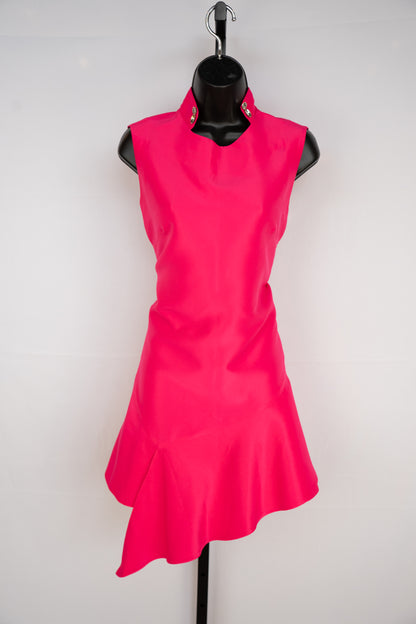 Hot Pink Nylon High-Neck w Jewels Sleeveless Knee-Length Ruffle Hem Dress