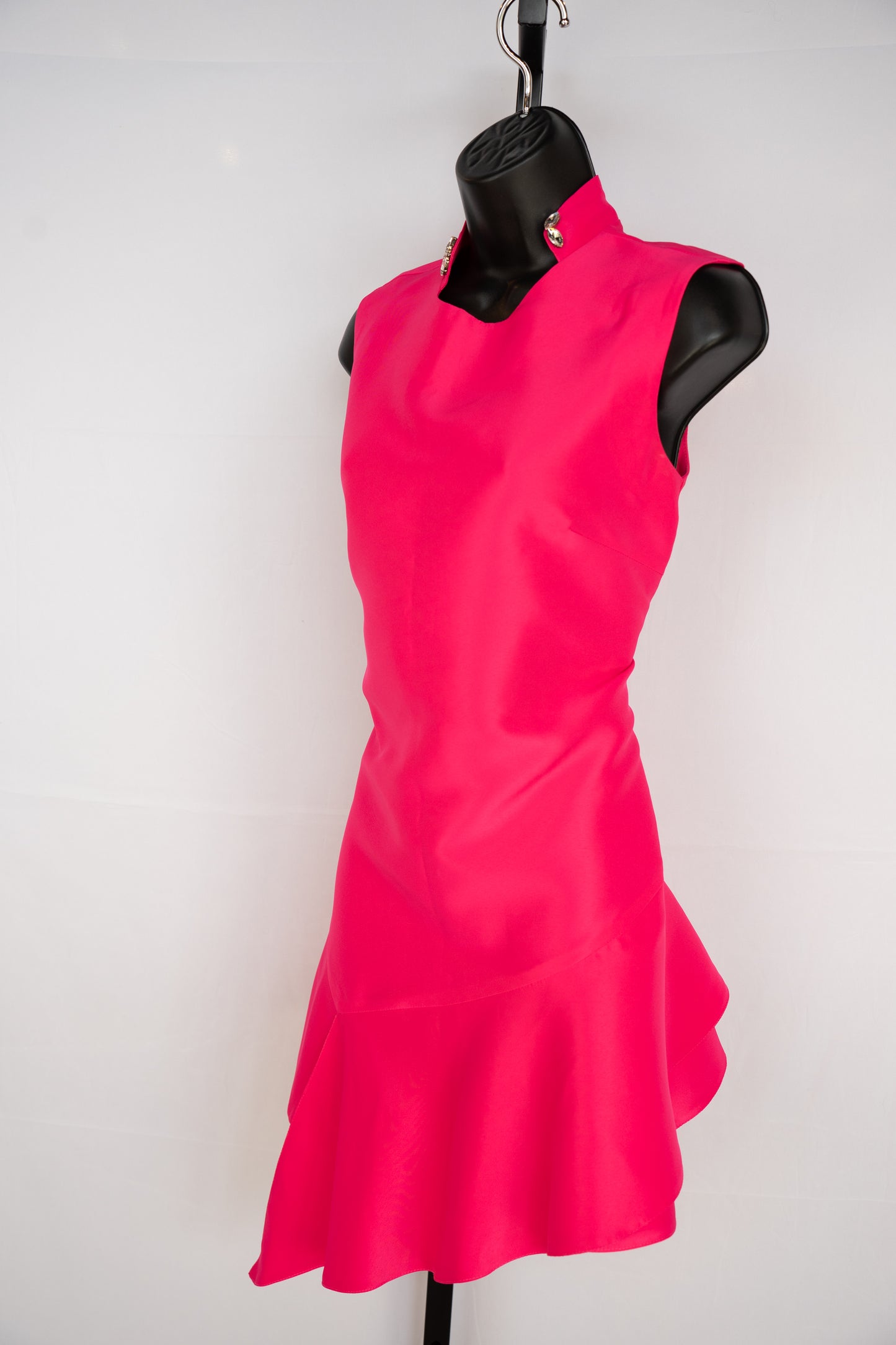Hot Pink Nylon High-Neck w Jewels Sleeveless Knee-Length Ruffle Hem Dress