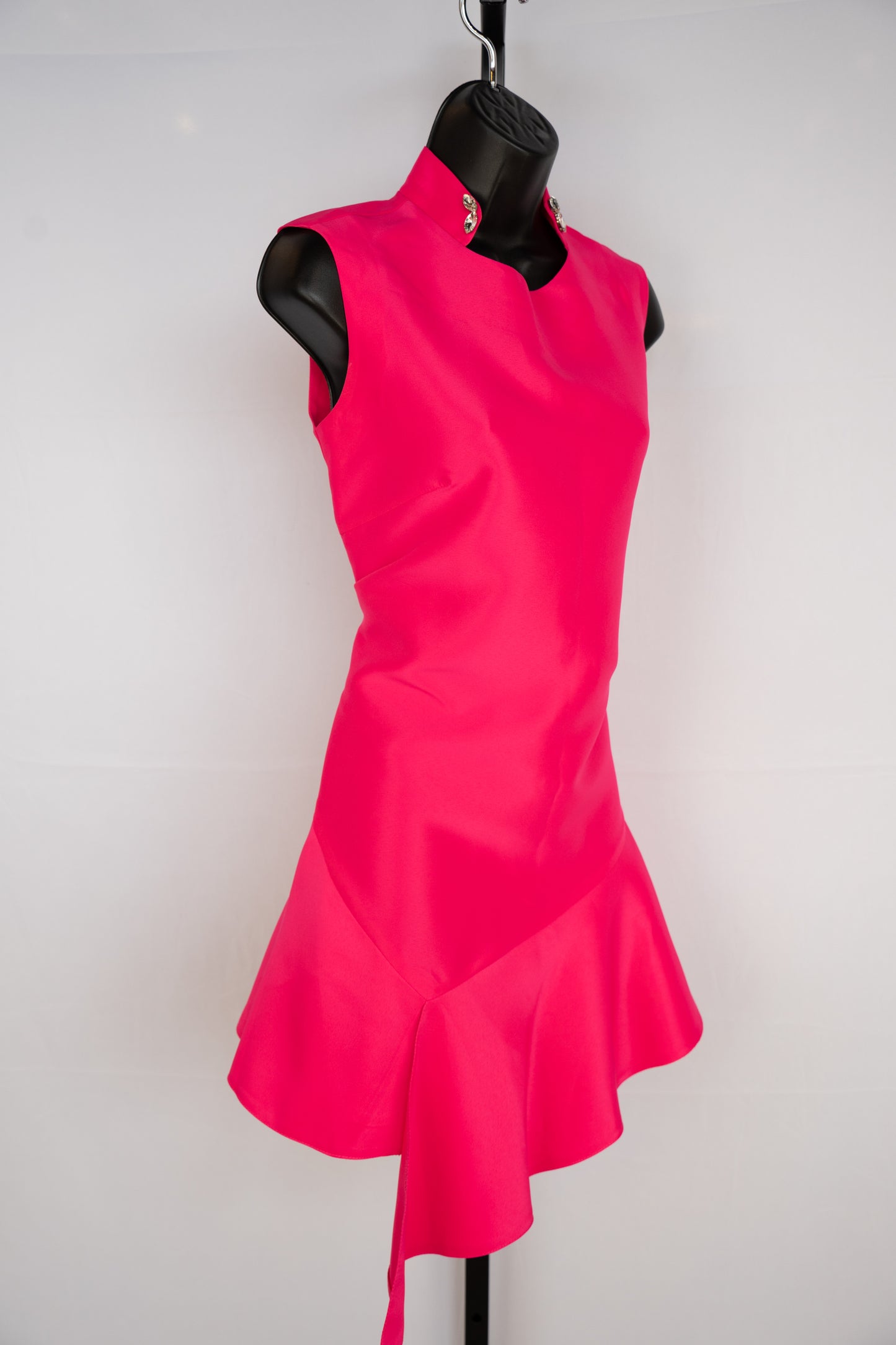 Hot Pink Nylon High-Neck w Jewels Sleeveless Knee-Length Ruffle Hem Dress