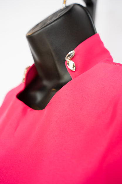 Hot Pink Nylon High-Neck w Jewels Sleeveless Knee-Length Ruffle Hem Dress