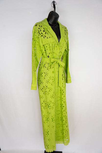 Rococo Light Green Floral Crochet Collared Long Sleeve Button Up Maxi Dress w Belt