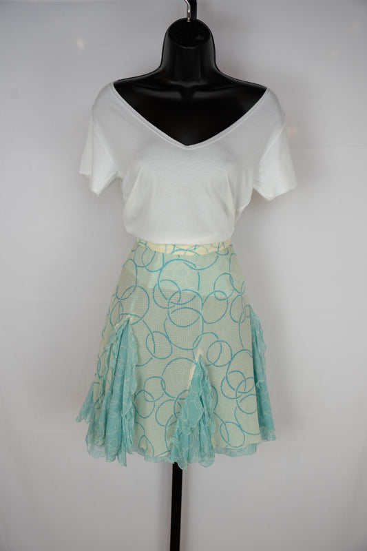 Marc Jacobs Light Blue Circle Pattern Mini Skirt w Ruffle Pleats