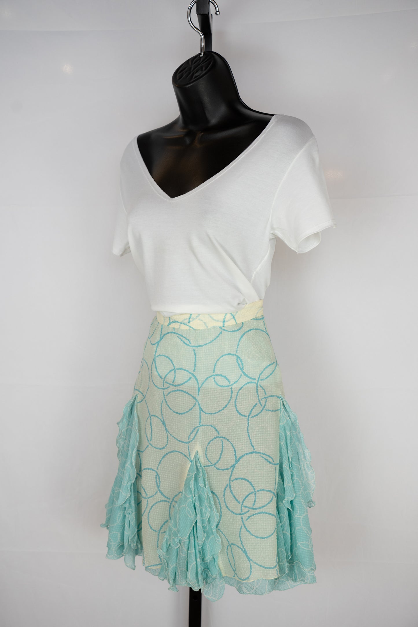 Marc Jacobs Light Blue Circle Pattern Mini Skirt w Ruffle Pleats