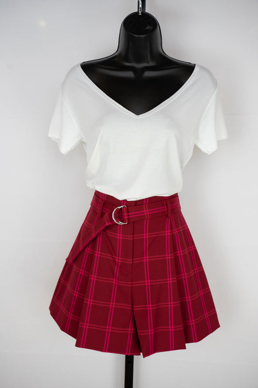Jonathan Simkhai Red w Pink Plaid Mini Shorts w Belt