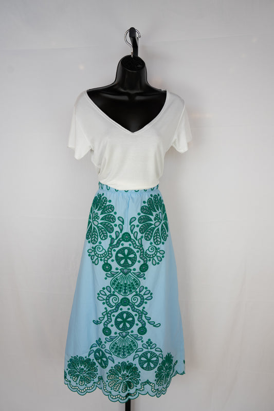 Farm Rio Light Blue w/ Green Embroidery Midi Skirt (HAS MATCHING TOP)