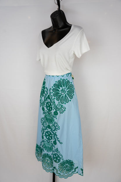 Farm Rio Light Blue w/ Green Embroidery Midi Skirt (HAS MATCHING TOP)