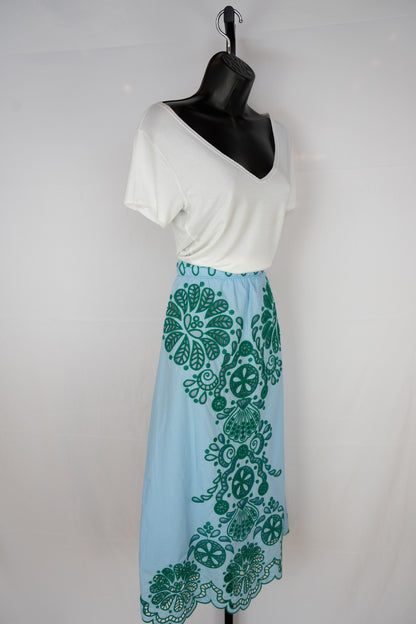 Farm Rio Light Blue w/ Green Embroidery Midi Skirt (HAS MATCHING TOP)