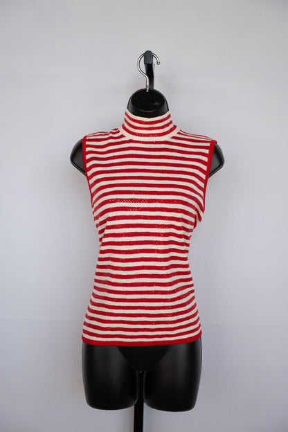 St. John Knit Red & White Stripe & Sequin Sleeveless Mock Neck Top