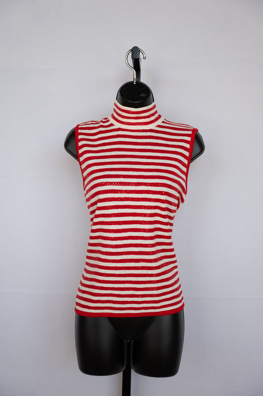 St. John Knit Red & White Stripe & Sequin Sleeveless Mock Neck Top