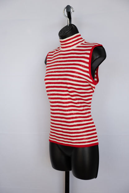 St. John Knit Red & White Stripe & Sequin Sleeveless Mock Neck Top