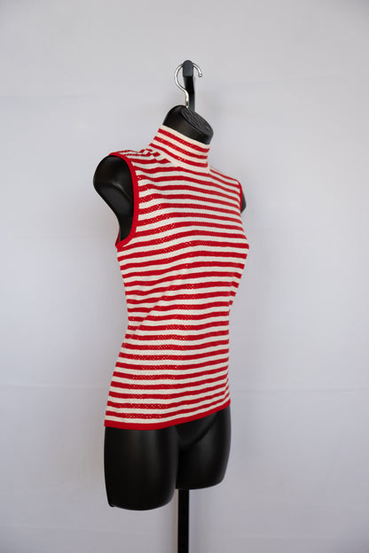 St. John Knit Red & White Stripe & Sequin Sleeveless Mock Neck Top