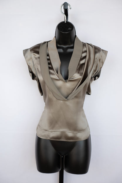 Saint Laurent Taupe Silk Short Sleeve Blouse w/ Double Neckline