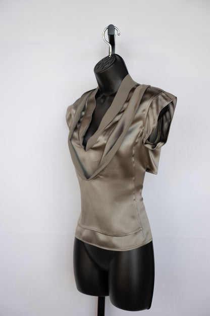 Saint Laurent Taupe Silk Short Sleeve Blouse w/ Double Neckline