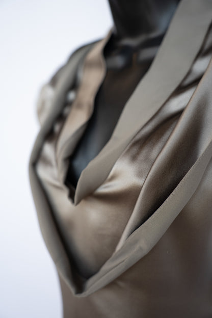 Saint Laurent Taupe Silk Short Sleeve Blouse w/ Double Neckline