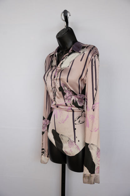 Roberto Cavalli Light Pink w/ Purple Floral & Butterfly Pattern Silk Long Sleeve Blouse