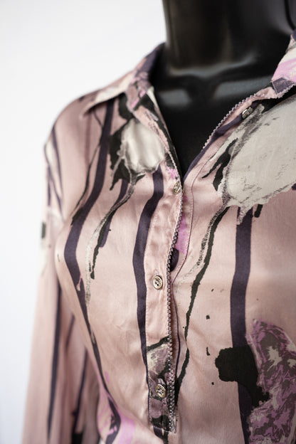 Roberto Cavalli Light Pink w/ Purple Floral & Butterfly Pattern Silk Long Sleeve Blouse