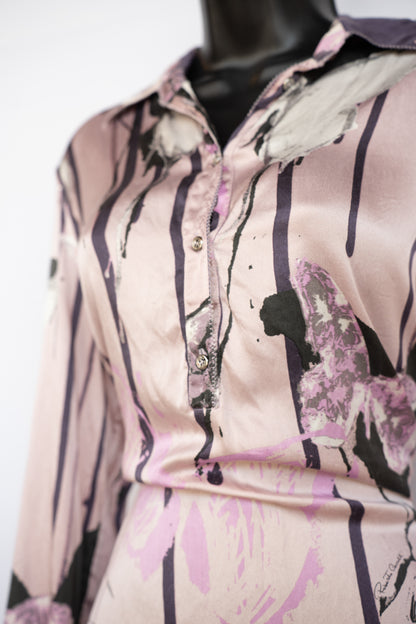 Roberto Cavalli Light Pink w/ Purple Floral & Butterfly Pattern Silk Long Sleeve Blouse
