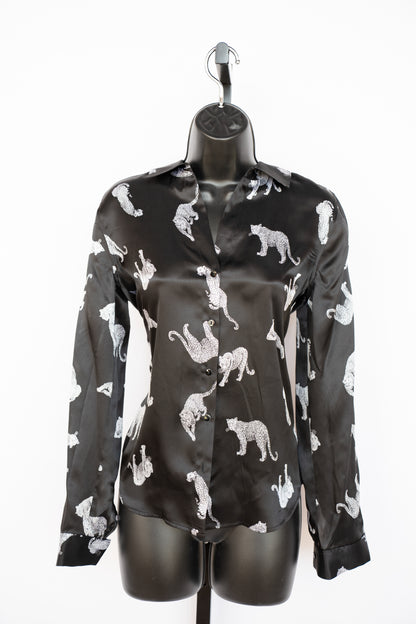 L'Agence Black Silk Long Sleeve Button Down Blouse w/ Leopards NWT