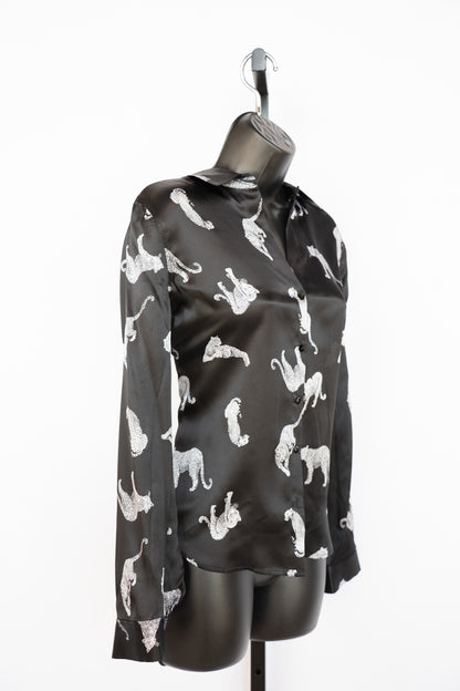 L'Agence Black Silk Long Sleeve Button Down Blouse w/ Leopards NWT