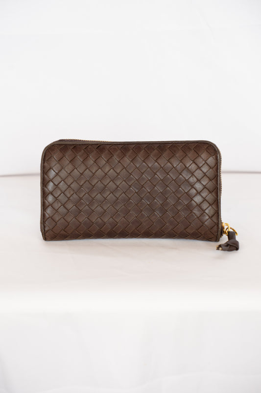 Bottega Veneta Chocolate Brown Intrecciato Zip Around Wallet
