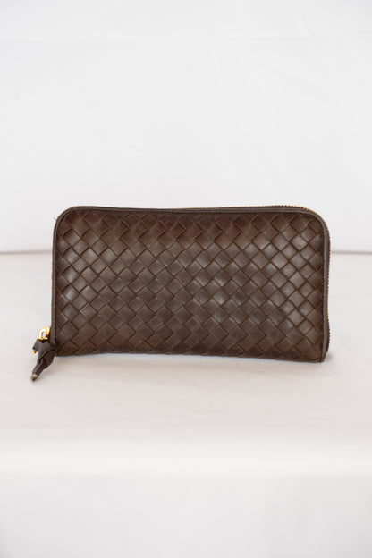 Bottega Veneta Chocolate Brown Intrecciato Zip Around Wallet