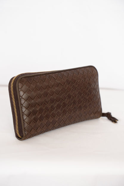Bottega Veneta Chocolate Brown Intrecciato Zip Around Wallet