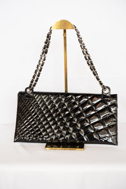Chanel Black Patent Leather Quilted Asymmetrical Shoulder Bag