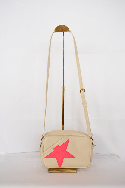 Golden Goose Beige Leather w Pink Sparkle Star Camera Crossbody Bag