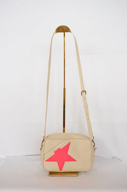Golden Goose Beige Leather w Pink Sparkle Star Camera Crossbody Bag