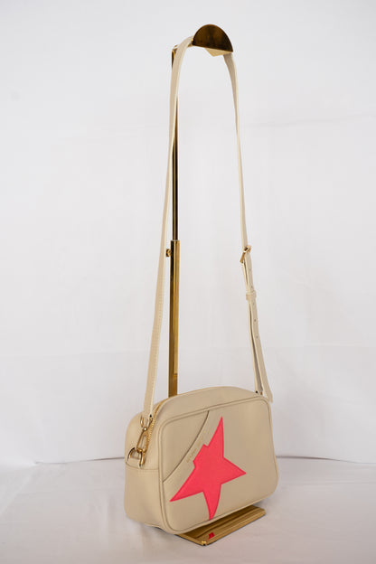 Golden Goose Beige Leather w Pink Sparkle Star Camera Crossbody Bag