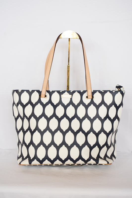 Kate Spade Navy & White Lemon Pattern Tote with Beige Handles