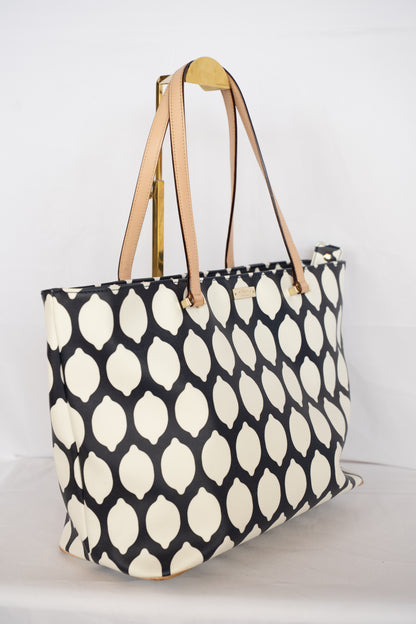 Kate Spade Navy & White Lemon Pattern Tote with Beige Handles
