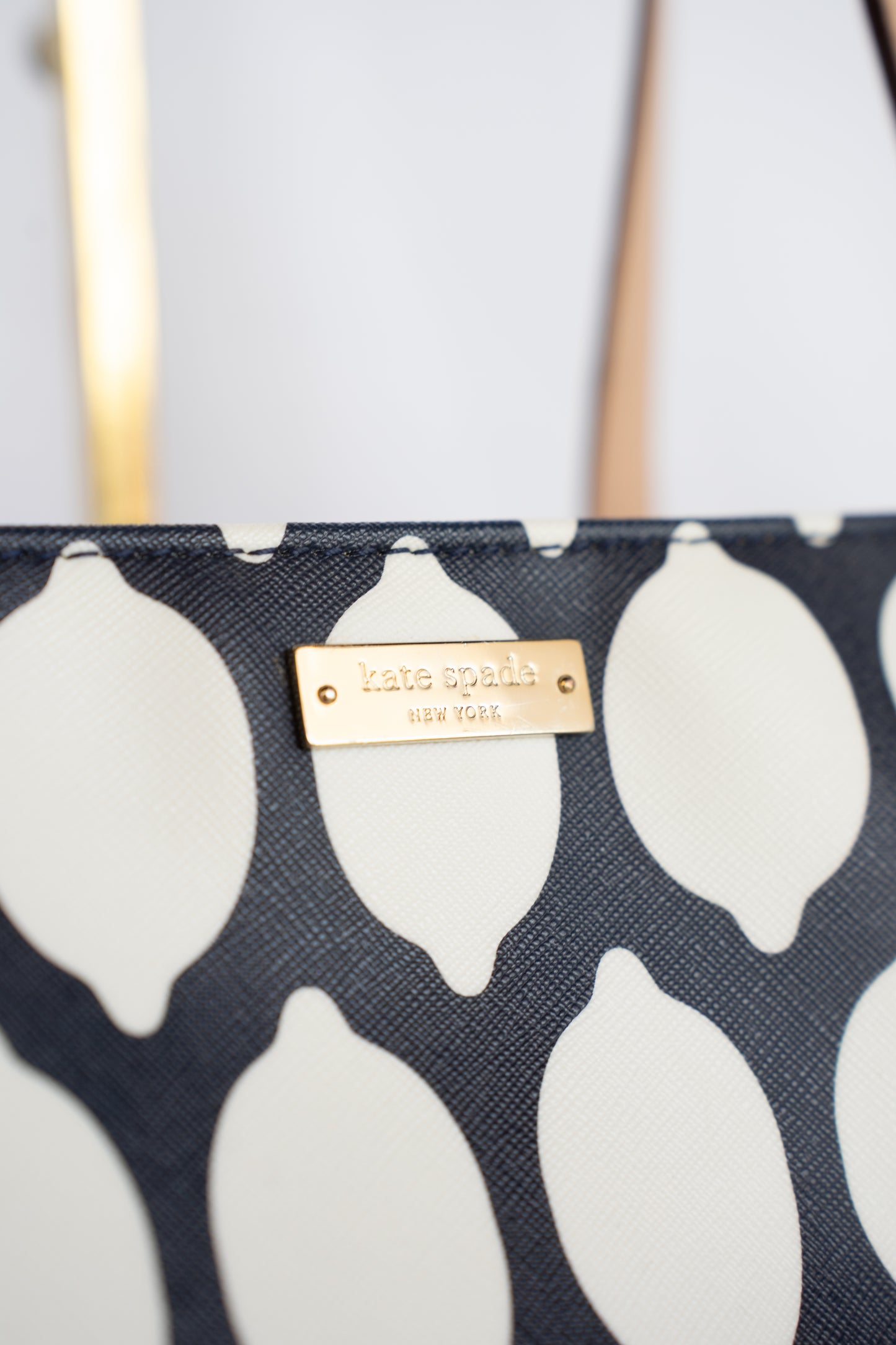 Kate Spade Navy & White Lemon Pattern Tote with Beige Handles