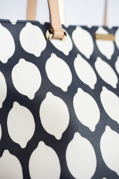 Kate Spade Navy & White Lemon Pattern Tote with Beige Handles