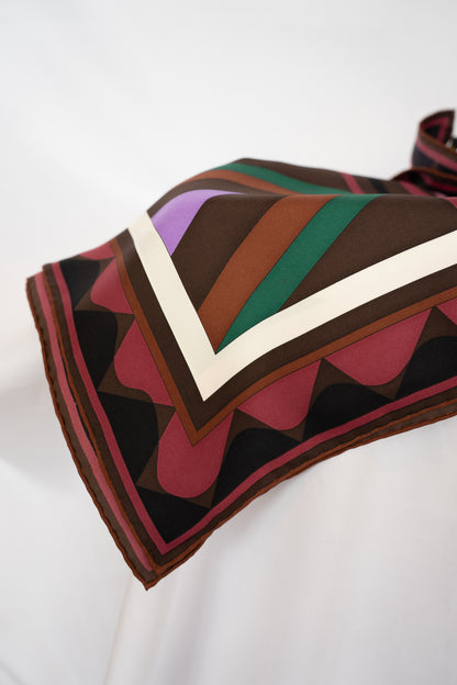 COMES WITH BOX - Emilio Pucci Silk Pink, Purple, Maroon, Green & Brown Art Deco Print Scarf