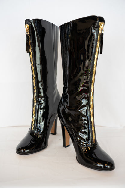 COMES WITH BOX - Valentino Garavani Black Patent Leather Mid-Calf Boots w/ Zipper Down the Front