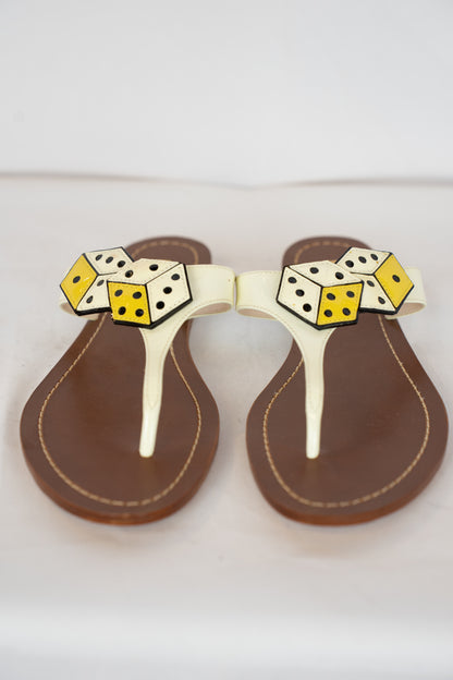 Prada White & Yellow Dice Patent Leather T-strap Sandals