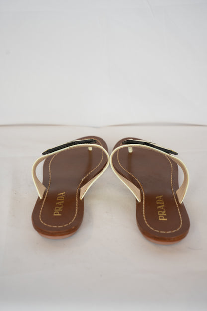 Prada White & Yellow Dice Patent Leather T-strap Sandals