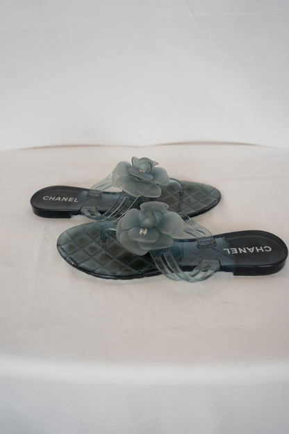 Chanel Teal Jelly Camellia Thong Sandals
