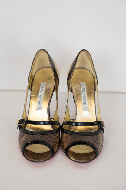 Luciano Padovan Ombre Brown Snakeskin Peep Toe Buckle Strap Pumps w Black Trim