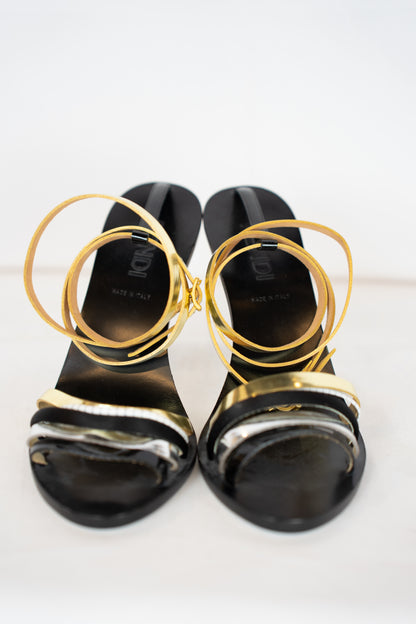 DUSTBAG - Fendi Gold Silver & Black Strappy Heeled Sandals