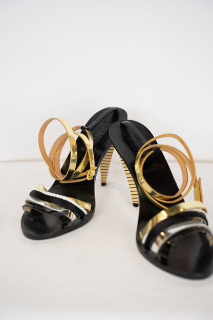 DUSTBAG - Fendi Gold Silver & Black Strappy Heeled Sandals