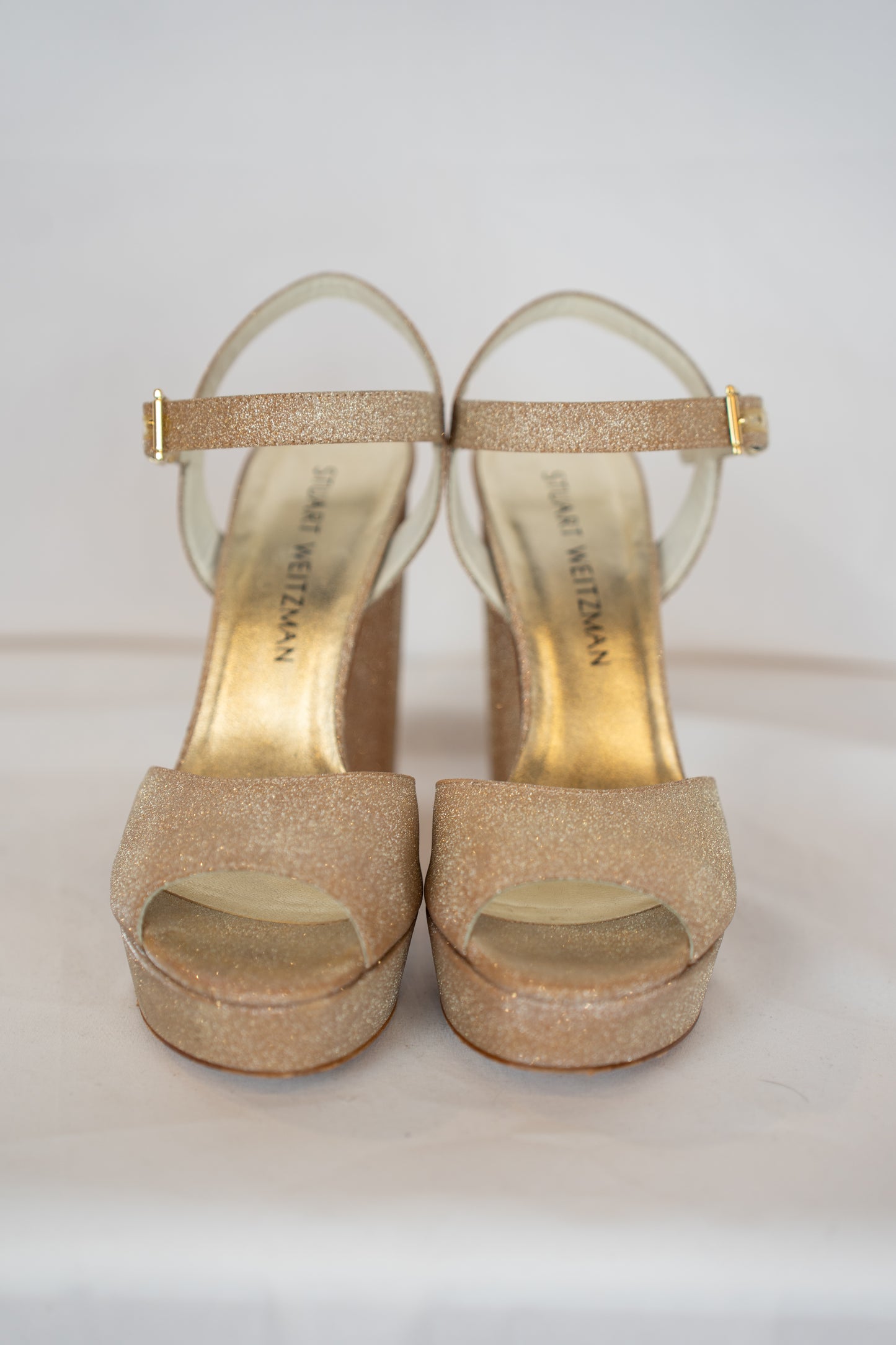 Stuart Weitzman Gold Sparkle Peep Toe Platfom Sandals